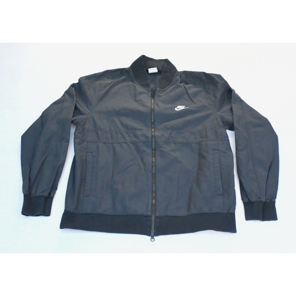 Nike Mens L Cotton Zip Up Jacket Black Ribbed Cuffs Welt Pockets Swoosh Logo